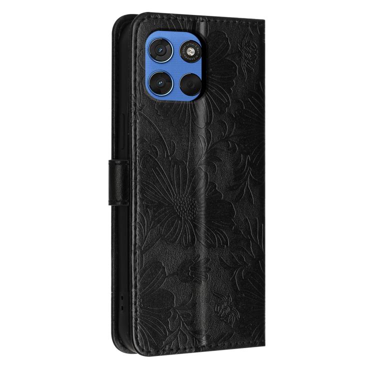 For Motorola Moto G57 5G Sunflower Embossed Vegan Leather Phone Case with Small Black Rope