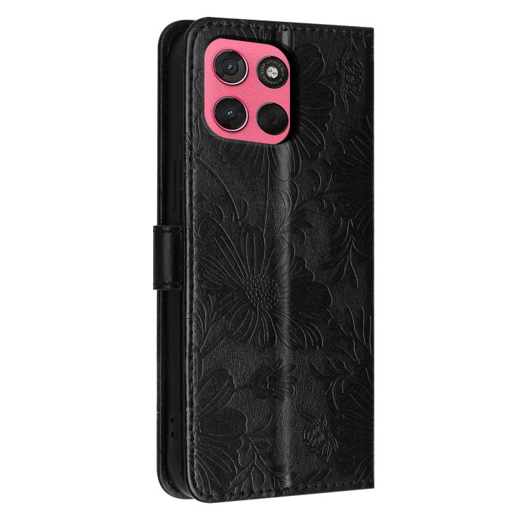 For Motorola Moto G57 Power 5G Sunflower Embossed Vegan Leather Phone Case with Small Black Rope