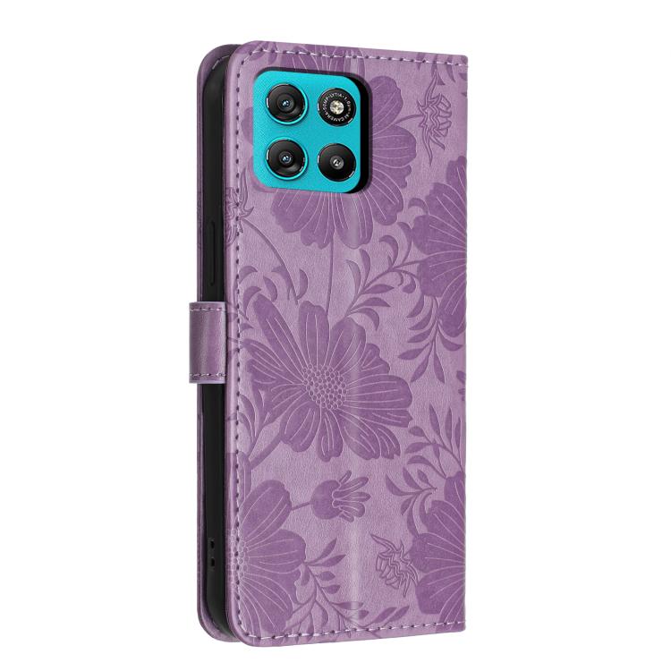 For Motorola Moto G67 Power 5G Sunflower Embossed Vegan Leather Phone Case with Small Black Rope