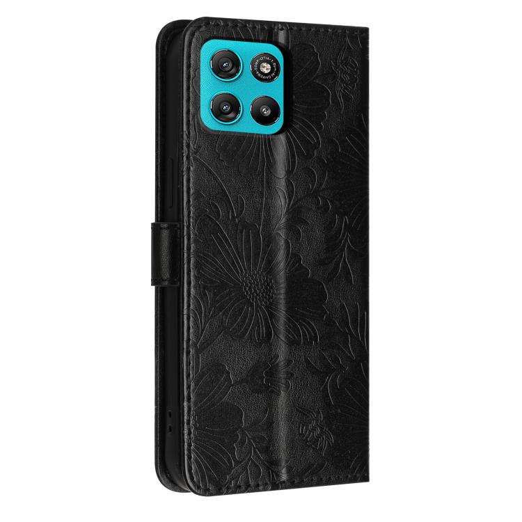For Motorola Moto G67 Power 5G Sunflower Embossed Vegan Leather Phone Case with Small Black Rope