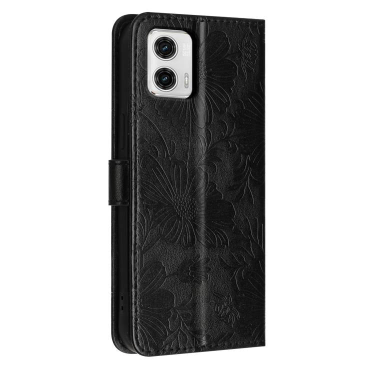 For Motorola Moto G73 Sunflower Embossed Vegan Leather Phone Case with Small Black Rope