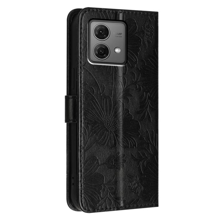 For Motorola Moto G84 Sunflower Embossed Vegan Leather Phone Case with Small Black Rope