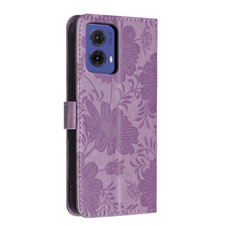 For Motorola Moto G85 Sunflower Embossed Vegan Leather Phone Case with Small Black Rope