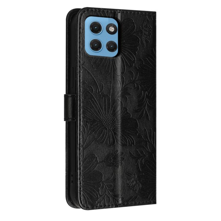 For Motorola Moto G17 Power 4G Sunflower Embossed Vegan Leather Phone Case with Small Black Rope