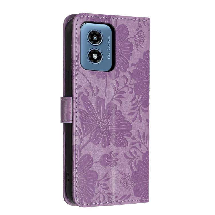 For Motorola Moto G Play 2024 Sunflower Embossed Vegan Leather Phone Case with Small Black Rope
