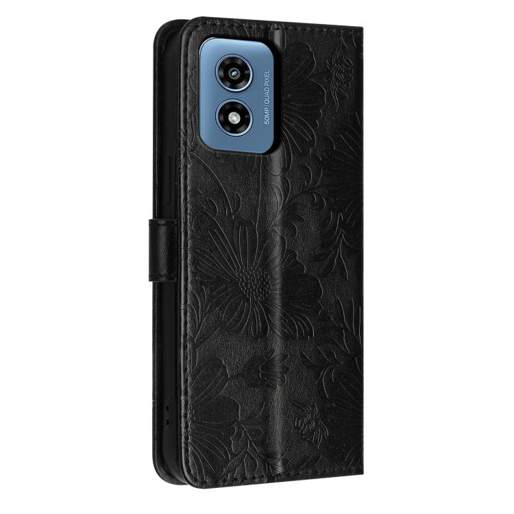 For Motorola Moto G Play 2024 Sunflower Embossed Vegan Leather Phone Case with Small Black Rope