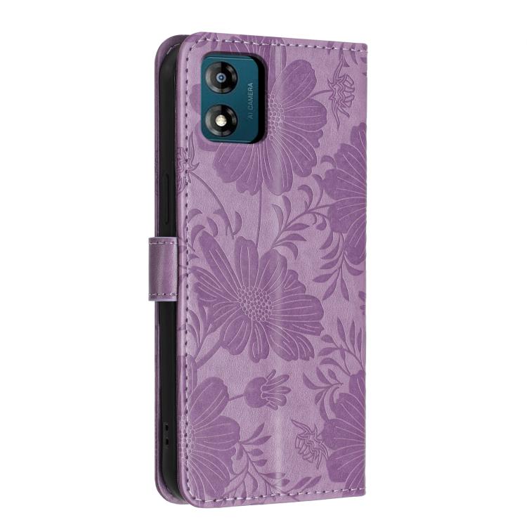 For Motorola Moto E13 Sunflower Embossed Vegan Leather Phone Case with Small Black Rope