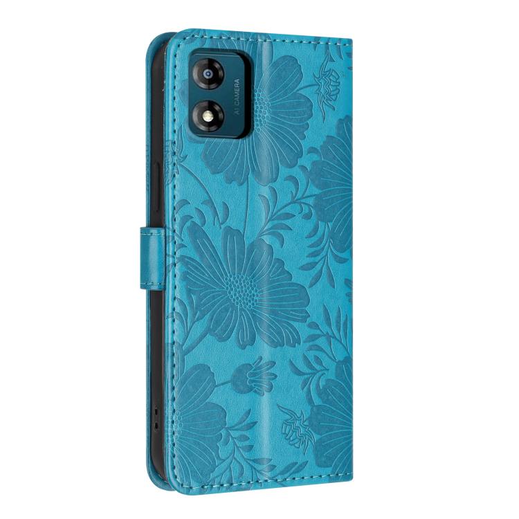 For Motorola Moto E13 Sunflower Embossed Vegan Leather Phone Case with Small Black Rope