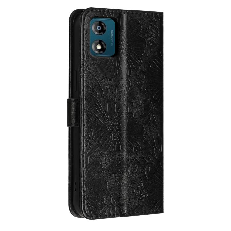 For Motorola Moto E13 Sunflower Embossed Vegan Leather Phone Case with Small Black Rope