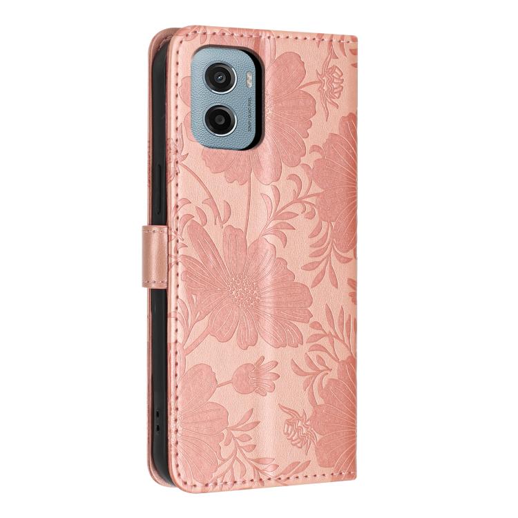 For Motorola Moto E15 Sunflower Embossed Vegan Leather Phone Case with Small Black Rope