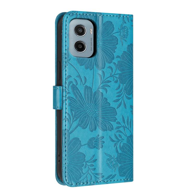 For Motorola Moto E15 Sunflower Embossed Vegan Leather Phone Case with Small Black Rope