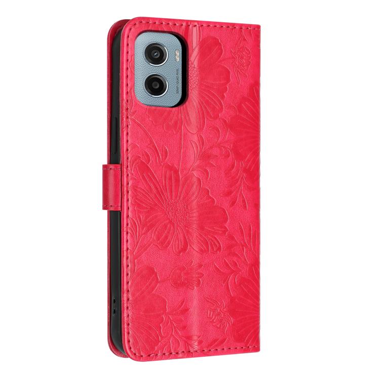 For Motorola Moto E15 Sunflower Embossed Vegan Leather Phone Case with Small Black Rope