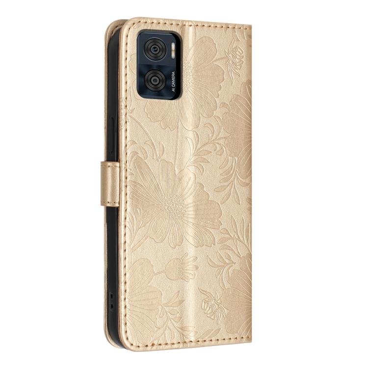 For Motorola Moto E22 Sunflower Embossed Vegan Leather Phone Case with Small Black Rope