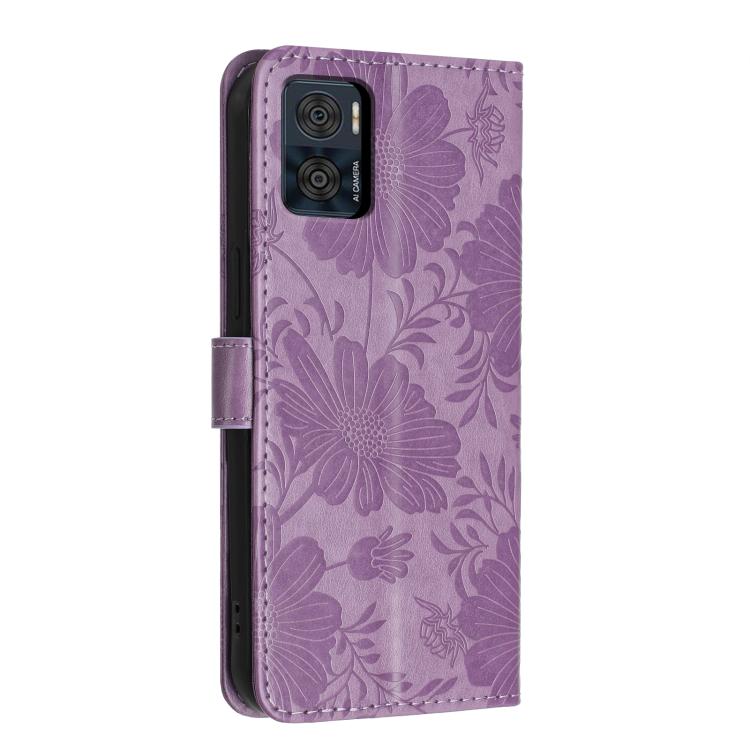 For Motorola Moto E22 Sunflower Embossed Vegan Leather Phone Case with Small Black Rope
