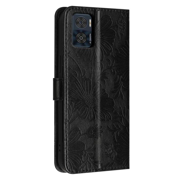 For Motorola Moto E22 Sunflower Embossed Vegan Leather Phone Case with Small Black Rope