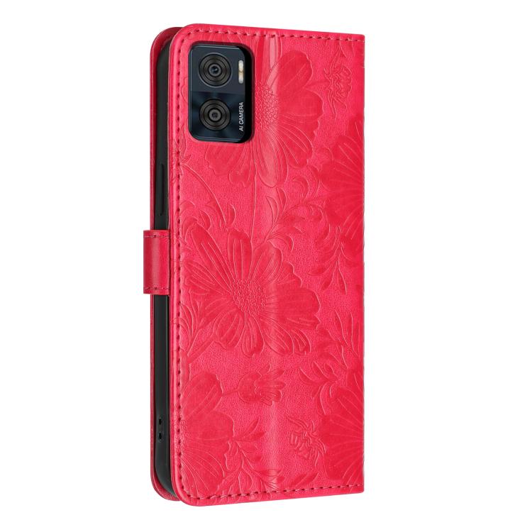 For Motorola Moto E22 Sunflower Embossed Vegan Leather Phone Case with Small Black Rope
