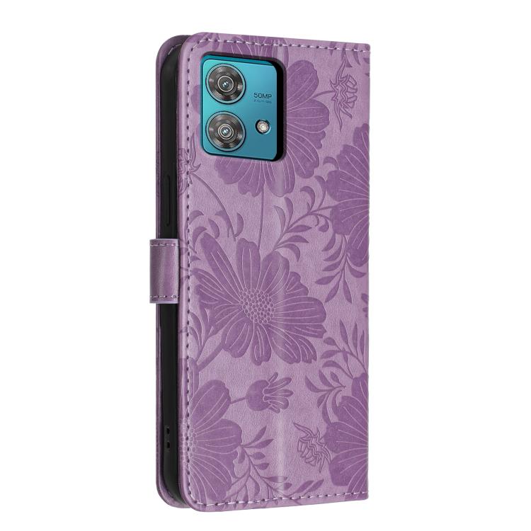 For Motorola Edge 40 Neo Sunflower Embossed Vegan Leather Phone Case with Small Black Rope