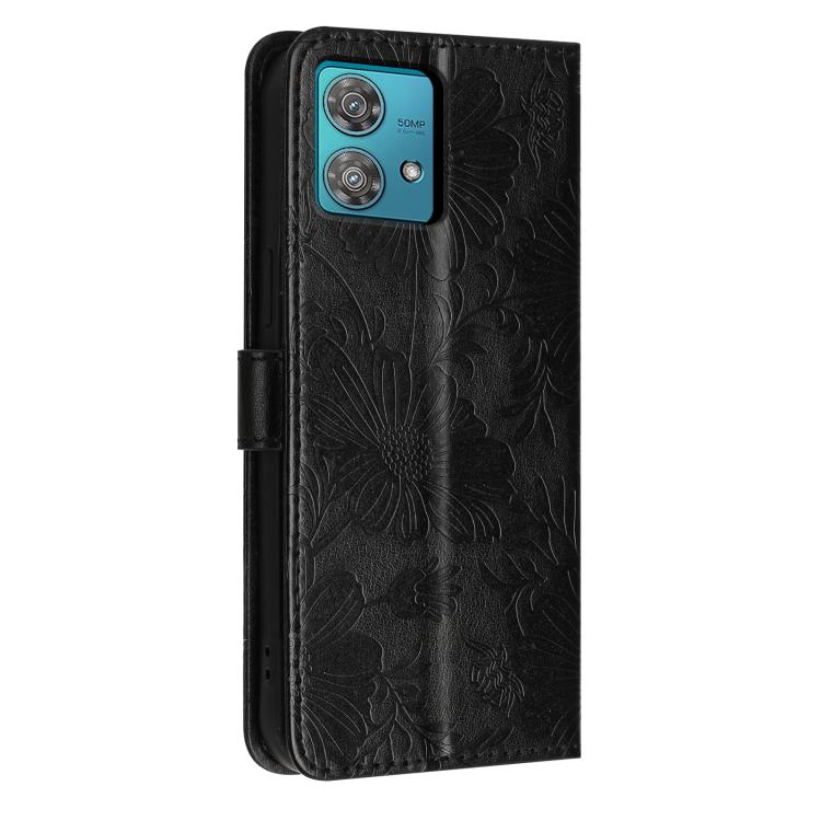 For Motorola Edge 40 Neo Sunflower Embossed Vegan Leather Phone Case with Small Black Rope