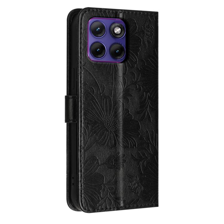 For Motorola Edge 70 Fusion 5G Sunflower Embossed Vegan Leather Phone Case with Small Black Rope