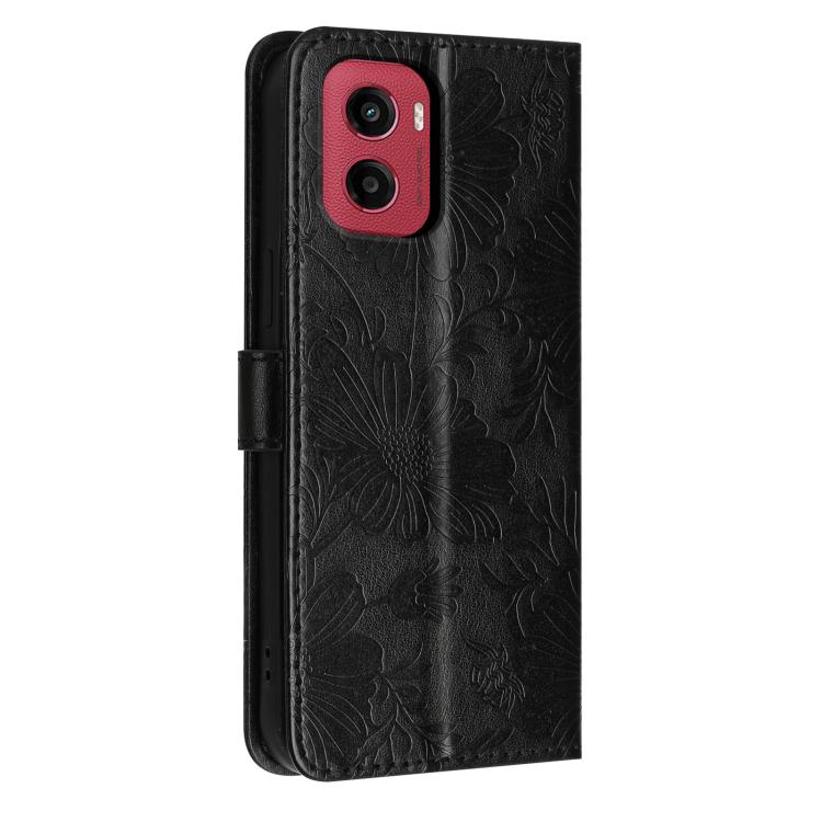 For Motorola Moto G05 Sunflower Embossed Vegan Leather Phone Case with Small Black Rope