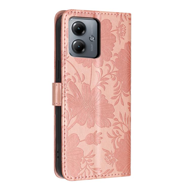 For Motorola Moto G14 Sunflower Embossed Vegan Leather Phone Case with Small Black Rope