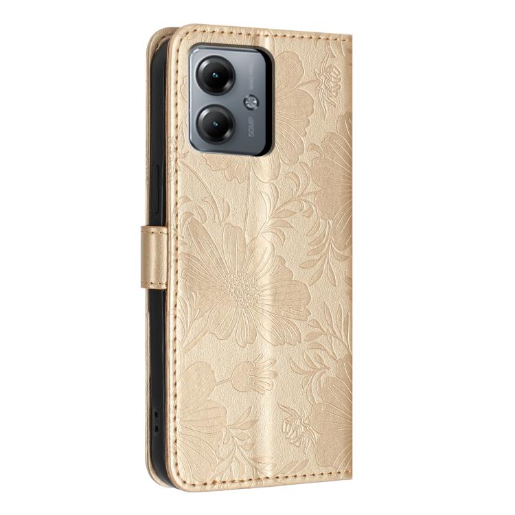 For Motorola Moto G14 Sunflower Embossed Vegan Leather Phone Case with Small Black Rope