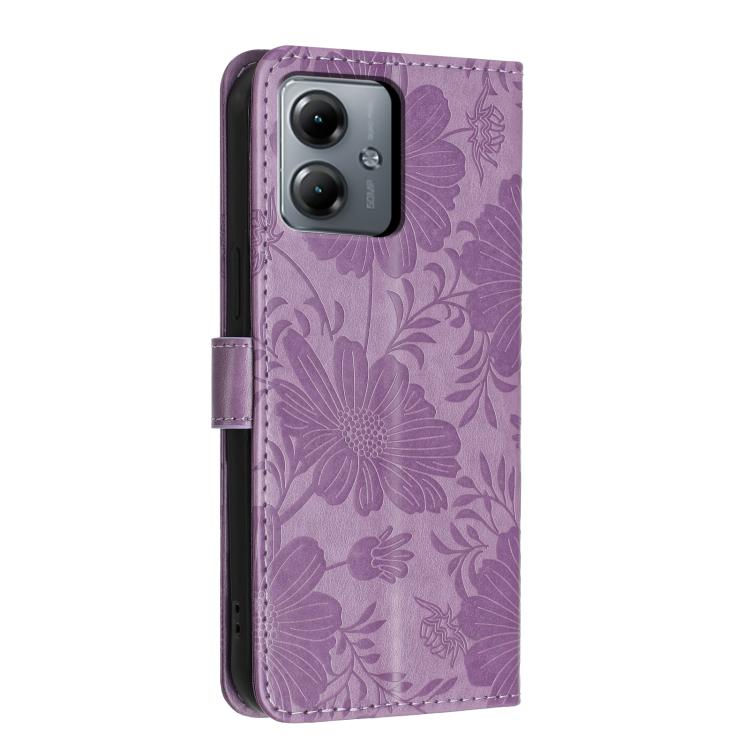 For Motorola Moto G14 Sunflower Embossed Vegan Leather Phone Case with Small Black Rope