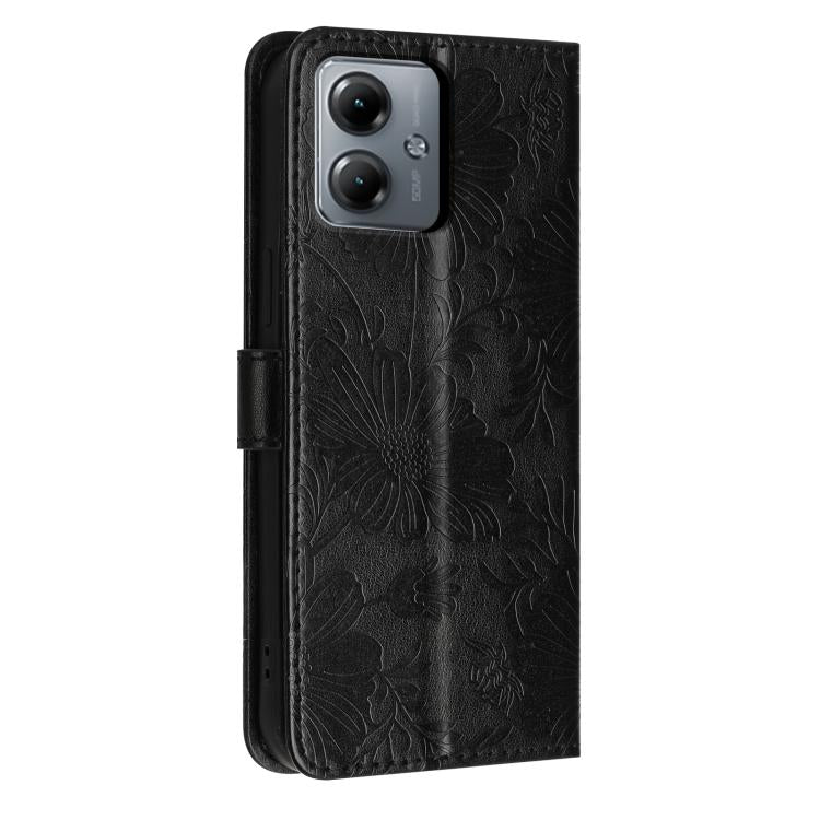 For Motorola Moto G14 Sunflower Embossed Vegan Leather Phone Case with Small Black Rope