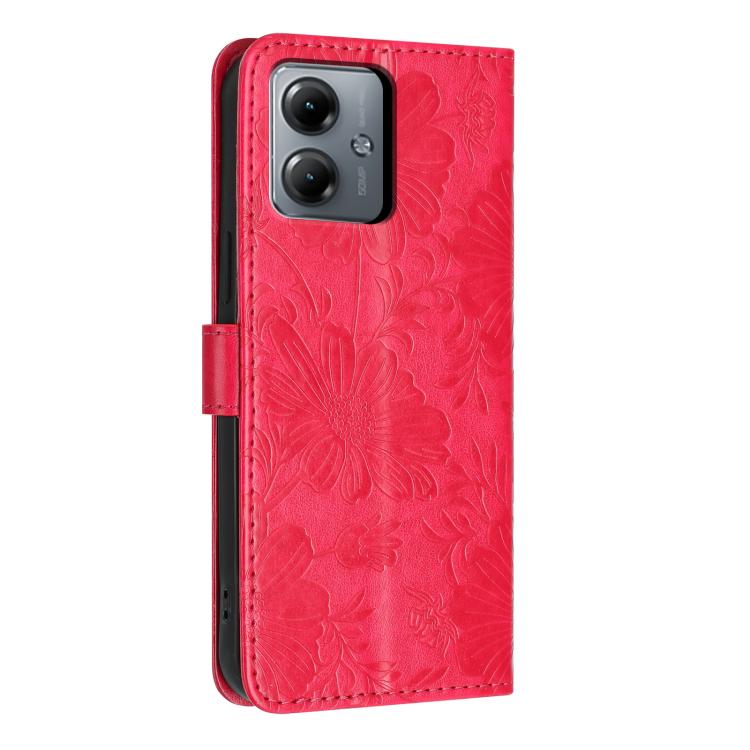 For Motorola Moto G14 Sunflower Embossed Vegan Leather Phone Case with Small Black Rope