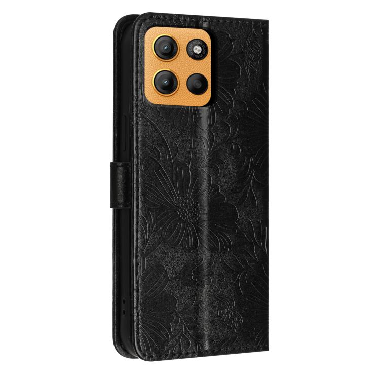 For Motorola Moto G15 Sunflower Embossed Vegan Leather Phone Case with Small Black Rope