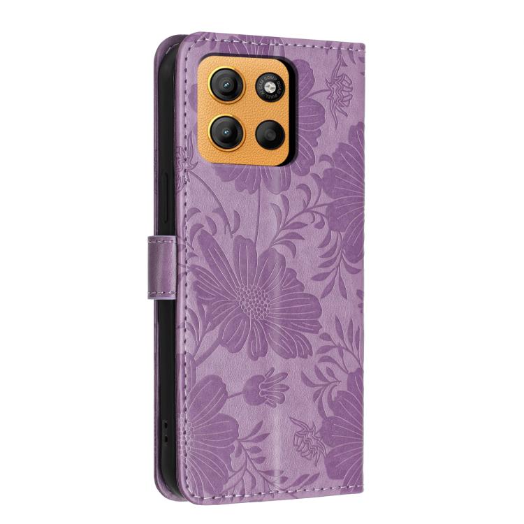 For Motorola Moto G17 / G17 Power 4G Sunflower Embossed Vegan Leather Phone Case with Small Black Rope