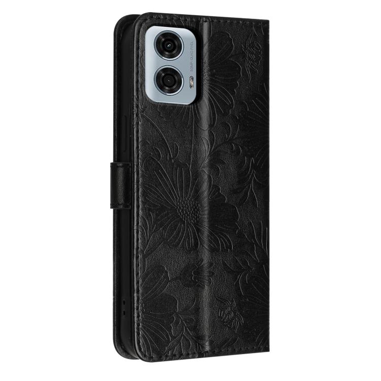 For Motorola Moto G24 Power Sunflower Embossed Vegan Leather Phone Case with Small Black Rope