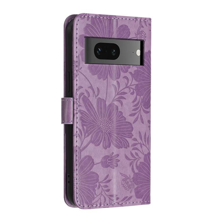For Google Pixel 7 5G Sunflower Embossed Vegan Leather Phone Case with Small Black Rope