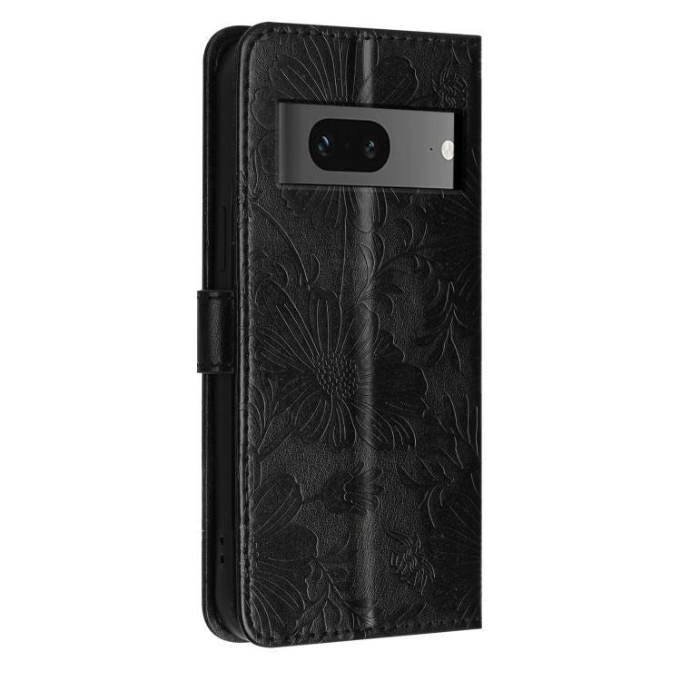 For Google Pixel 7 5G Sunflower Embossed Vegan Leather Phone Case with Small Black Rope