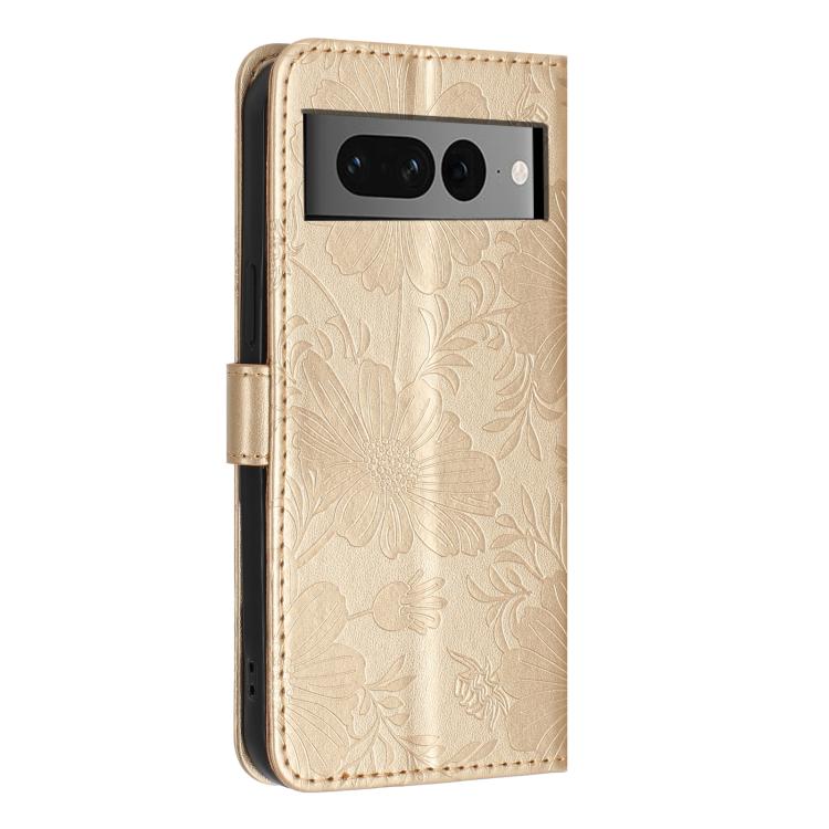 For Google Pixel 7 Pro 5G Sunflower Embossed Vegan Leather Phone Case with Small Black Rope