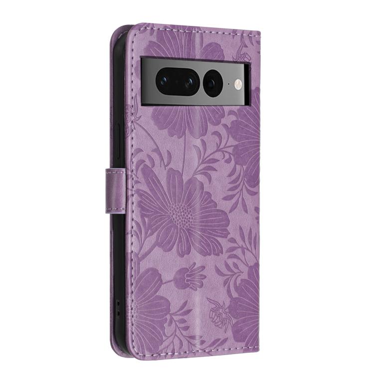 For Google Pixel 7 Pro 5G Sunflower Embossed Vegan Leather Phone Case with Small Black Rope