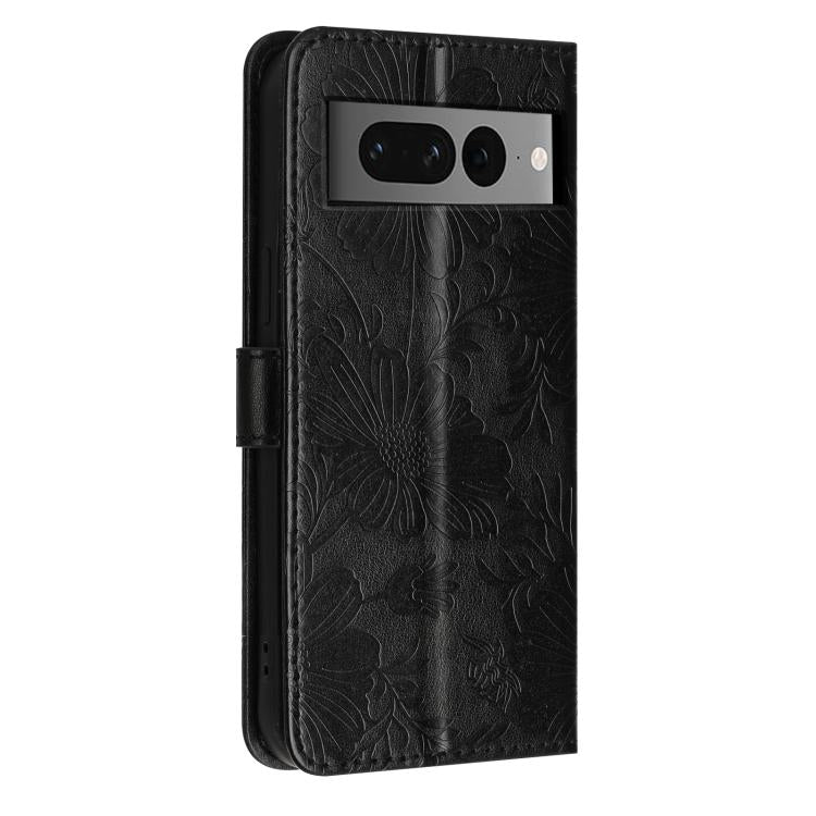 For Google Pixel 7 Pro 5G Sunflower Embossed Vegan Leather Phone Case with Small Black Rope