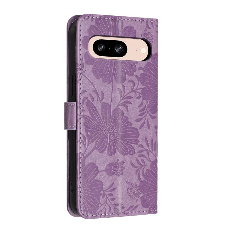 For Google Pixel 8 Sunflower Embossed Vegan Leather Phone Case with Small Black Rope
