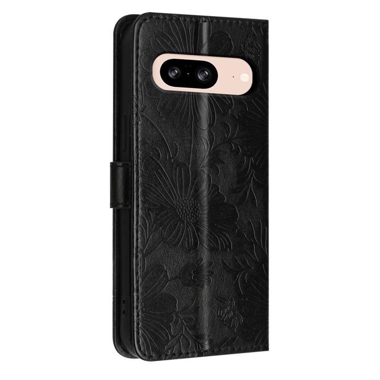 For Google Pixel 8 Sunflower Embossed Vegan Leather Phone Case with Small Black Rope