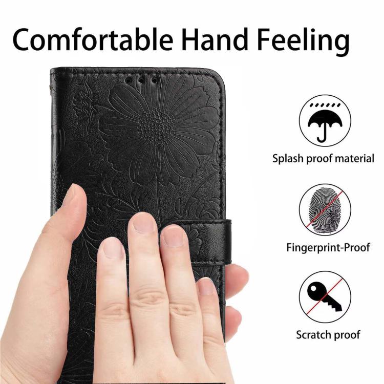 For Google Pixel 8 Sunflower Embossed Vegan Leather Phone Case with Small Black Rope