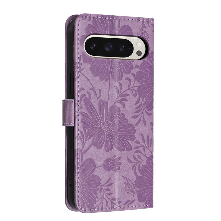 For Google Pixel 9 Pro XL Sunflower Embossed Vegan Leather Phone Case with Small Black Rope