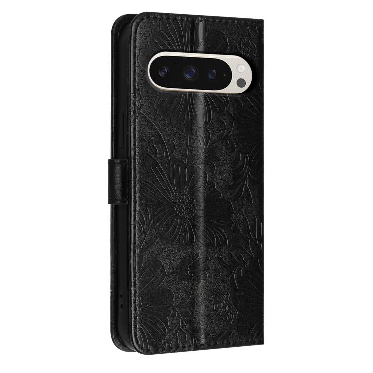 For Google Pixel 9 Pro XL Sunflower Embossed Vegan Leather Phone Case with Small Black Rope