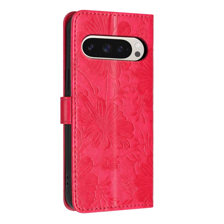 For Google Pixel 9 Pro XL Sunflower Embossed Vegan Leather Phone Case with Small Black Rope