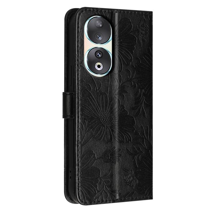 For Honor 90 Sunflower Embossed Leather Phone Case with Small Black Rope
