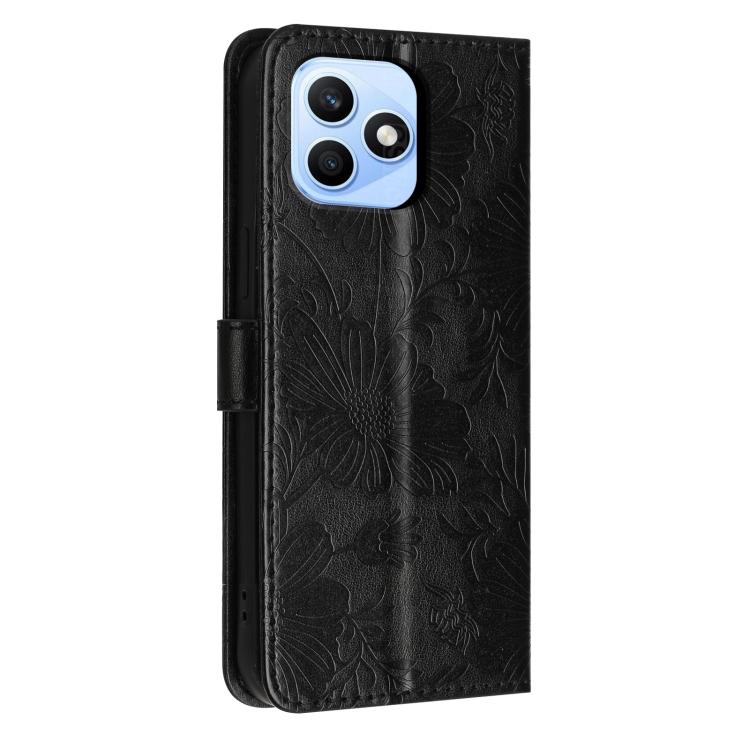 For Honor X8d 4G Global Sunflower Embossed Leather Phone Case with Small Black Rope