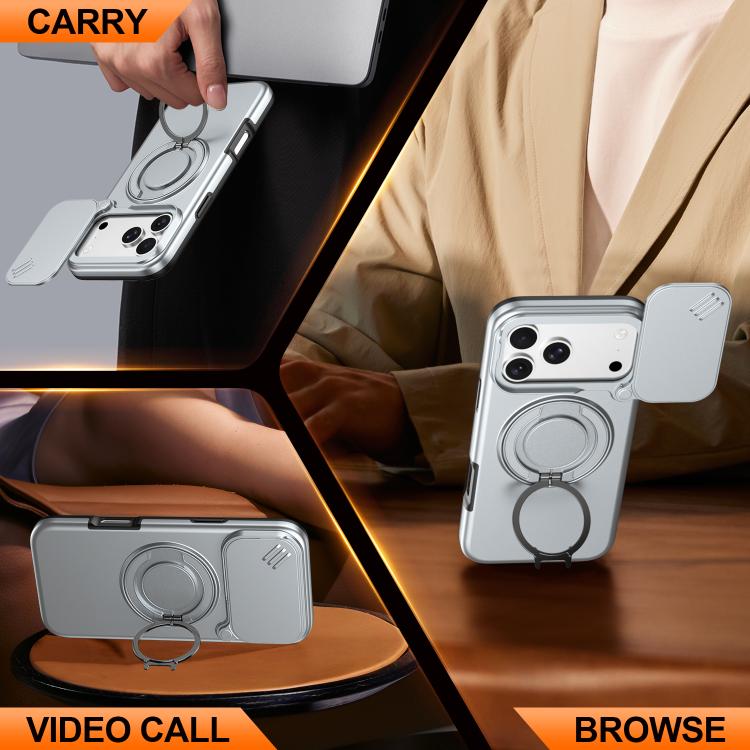 For iPhone 17 Pro Camera Sliding Shield Magnetic Rotation Holder Phone Case