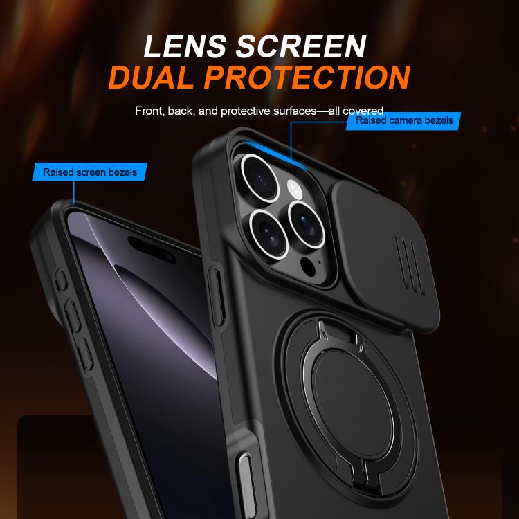 For iPhone 16 Pro Max Camera Sliding Shield Magnetic Rotation Holder Phone Case