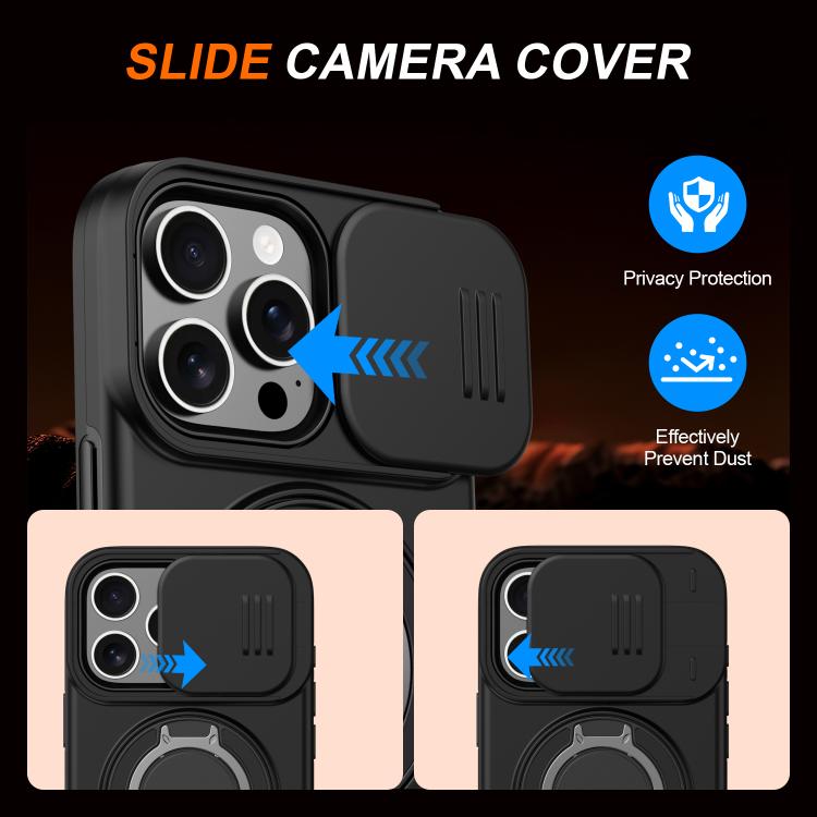 For iPhone 16 Pro Max Camera Sliding Shield Magnetic Rotation Holder Phone Case