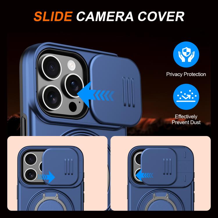 For iPhone 16 Pro Max Camera Sliding Shield Magnetic Rotation Holder Phone Case