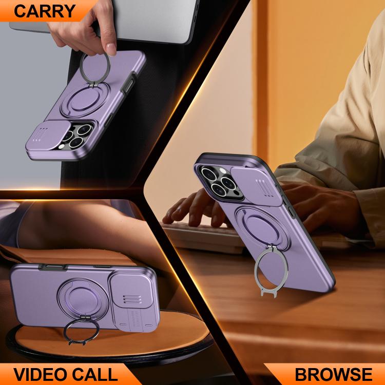 For iPhone 16 Pro Max Camera Sliding Shield Magnetic Rotation Holder Phone Case
